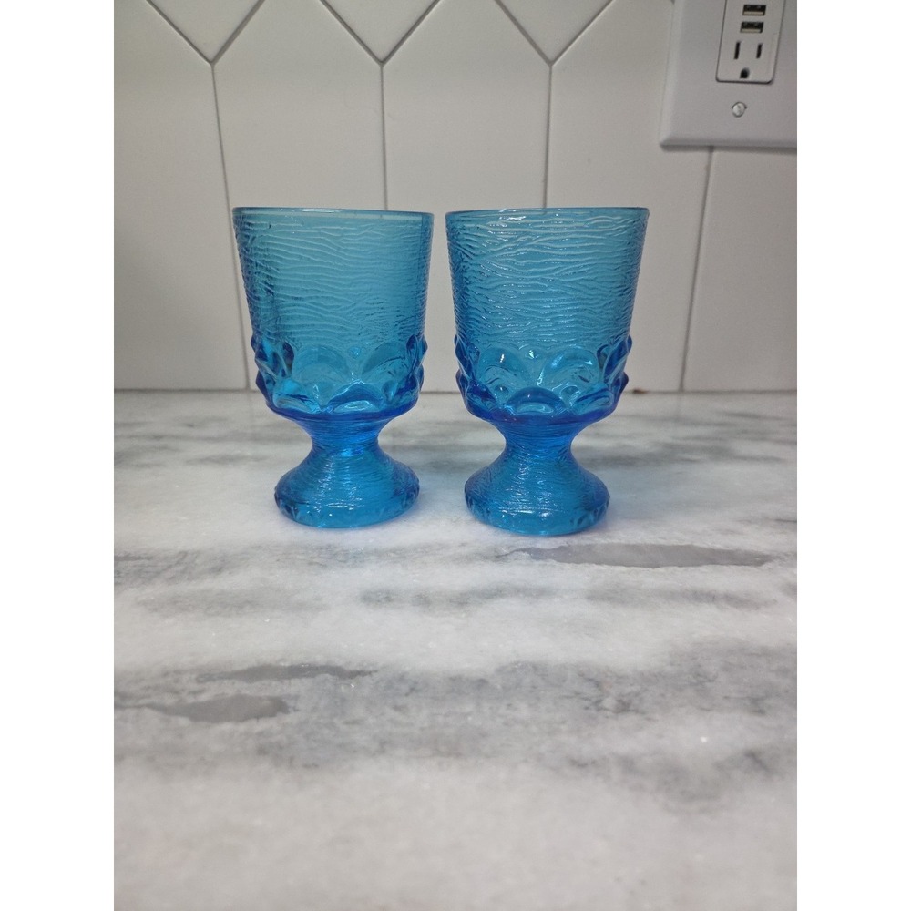 Brockway Glass Co Wine Goblets, Set of 2, Monterey Blue Footed Goblets, Textured